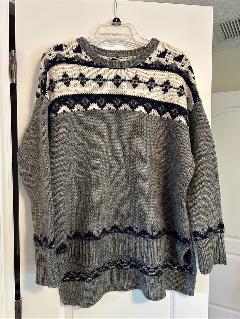 LOFT Gray Fair Isle Crewneck Sweater with Navy & Cream Yoke